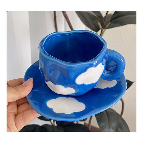 Blue Sky and White Clouds 300ML Underglaze Hand-Pinched Cup and Saucer Set - Ceramic Coffee Mug Milk Cup Breakfast Set - Main Image