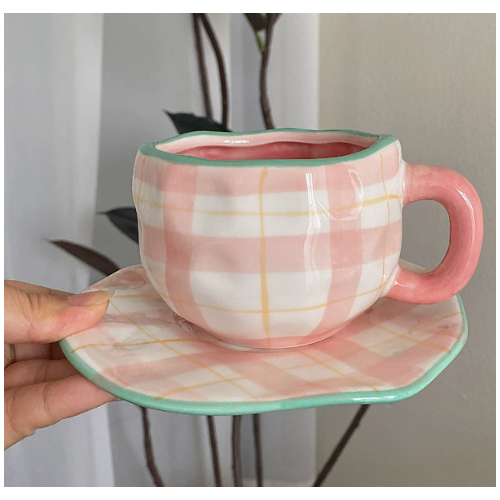 Pink Plaid 300ML Underglaze Hand-Pinched Cup and Saucer Set - Ceramic Coffee Mug Milk Cup Breakfast Set - Main Image