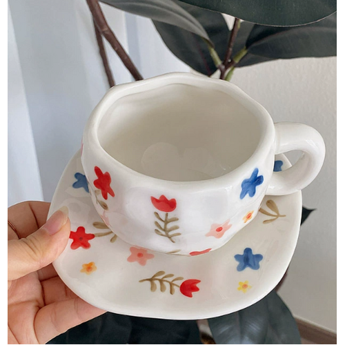 White Background Large Floral 300ML Underglaze Hand-Pinched Cup and Saucer Set - Ceramic Coffee Mug Milk Cup Breakfast Set - Main Image