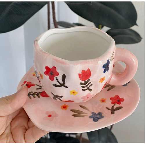 Pink Background Large Floral 300ML Underglaze Hand-Pinched Cup and Saucer Set - Ceramic Coffee Mug Milk Cup Breakfast Set - Main Image
