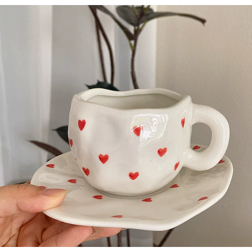 White Background Little Heart 300ML Underglaze Hand-Pinched Cup and Saucer Set - Ceramic Coffee Mug Milk Cup Breakfast Set - Main Image