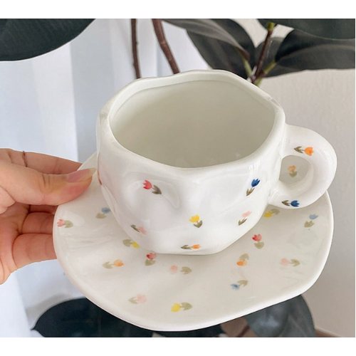 White Background Little Floral 300ML Underglaze Hand-Pinched Cup and Saucer Set - Ceramic Coffee Mug Milk Cup Breakfast Set - Main Image