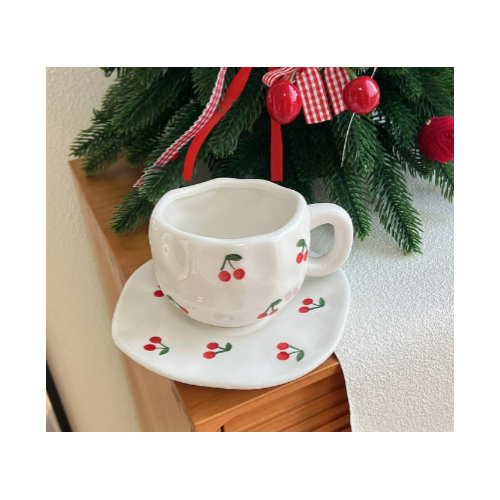 Red Cherry 300ML Underglaze Hand-Pinched Cup and Saucer Set - Ceramic Coffee Mug Milk Cup Breakfast Set - Main Image