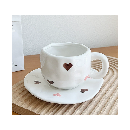 Two-color Love 300ML Underglaze Hand-Pinched Cup and Saucer Set - Ceramic Coffee Mug Milk Cup Breakfast Set - Main Image