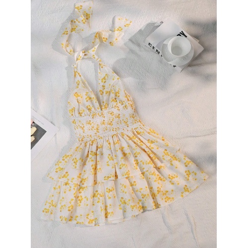 XL Yellow Chic Floral Halter Mini Dress - Ruffled Hem, Open Back - Perfect for Vacation - Main Image