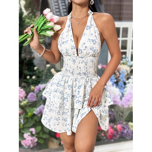 S Blue Chic Floral Halter Mini Dress - Ruffled Hem, Open Back - Perfect for Vacation - Main Image