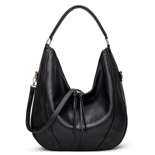 Black Distressed Faux Leather Hobo Bag - Large Capacity Shoulder Bag for Women - Main Image