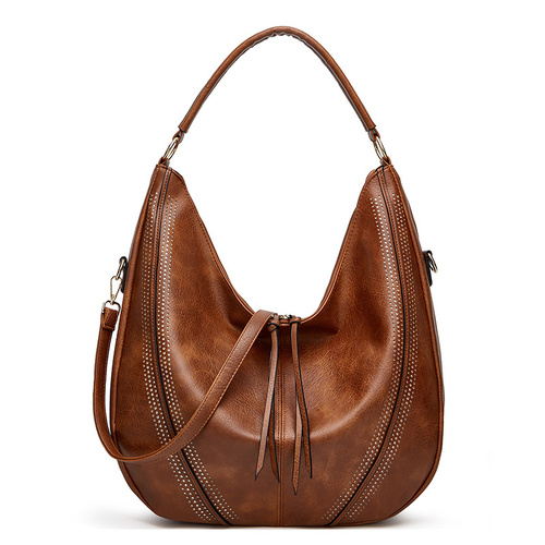 Brown Distressed Faux Leather Hobo Bag - Large Capacity Shoulder Bag for Women - Main Image