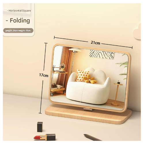 Horizontal Square Folding Mirror Tabletop Makeup Mirror - Large Wooden Swivel Vanity Mirror for Desk - Main Image
