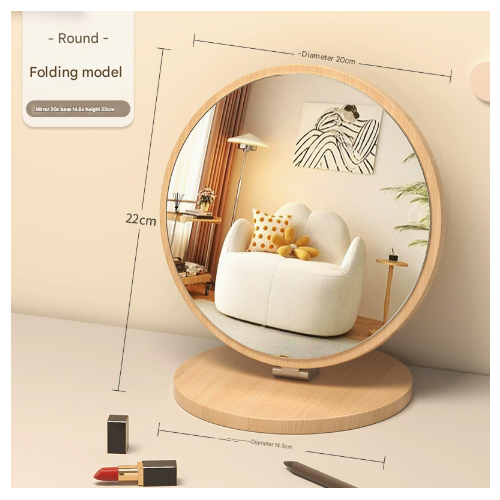 Round Folding Mirror Tabletop Makeup Mirror - Large Wooden Swivel Vanity Mirror for Desk - Main Image
