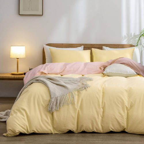 Yellow-pink 1.8m (Duvet Cover 180*220cm) Luxurious Soft Brushed Microfiber 4-Piece Bedding Set - Pure Color Double Bed Duvet Cover with Fitted Sheet - Main Image