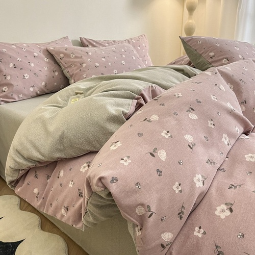 Pink-grey Thick Brushed Cotton 4-Piece Bed Sheet Set (1.5m Bed) - Fits 200x230cm Duvet - Main Image