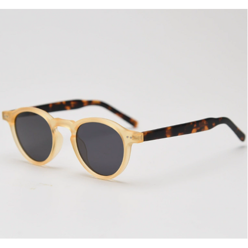 TraFrosted Yellow Tortoiseshell Feet Retro Round Polarized Sunglasses - Black Frame - Fashion UV Protection - Main Image