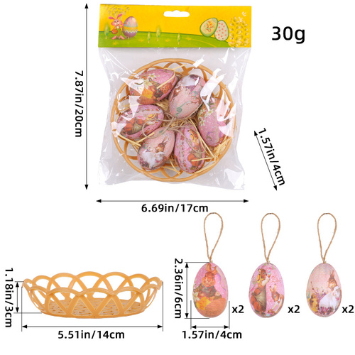 Two Rabbits  Five Sets Of Six Each Easter Egg Hanging Ornament Set with Creative Woven Basket - Festive Decor for Home Scenes - Main Image