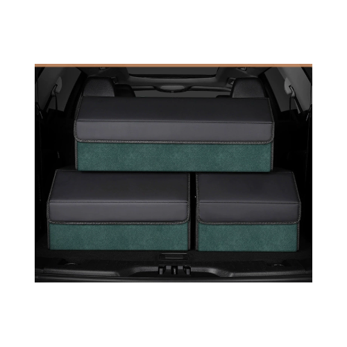 Medium Sized Tumbled Leather Green Foldable Car Trunk Storage Box - Large Capacity Insertable Rear Organizer - Main Image
