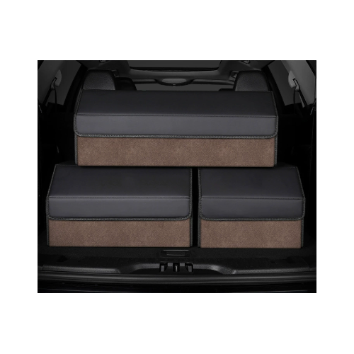 Medium Sized Tumbled Leather Brown Foldable Car Trunk Storage Box - Large Capacity Insertable Rear Organizer - Main Image