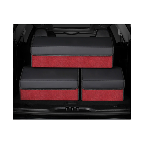 Medium Sized Tumbled Leather Red Foldable Car Trunk Storage Box - Large Capacity Insertable Rear Organizer - Main Image