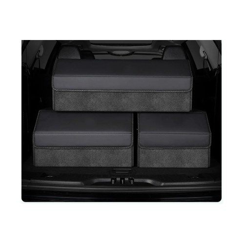 Extra Large Tumbled Leather Black Foldable Car Trunk Storage Box - Large Capacity Insertable Rear Organizer - Main Image