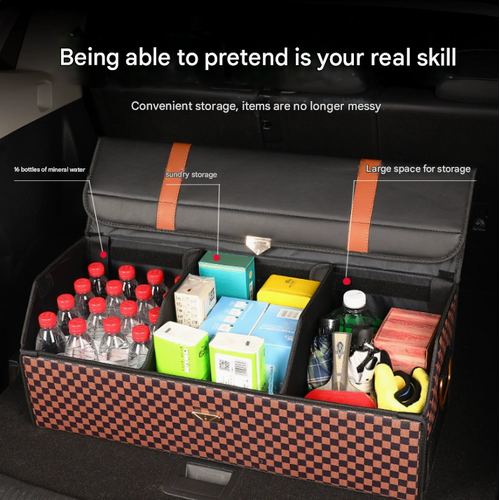 Extra Large Tumbled Leather Green Foldable Car Trunk Storage Box - Large Capacity Insertable Rear Organizer - Main Image