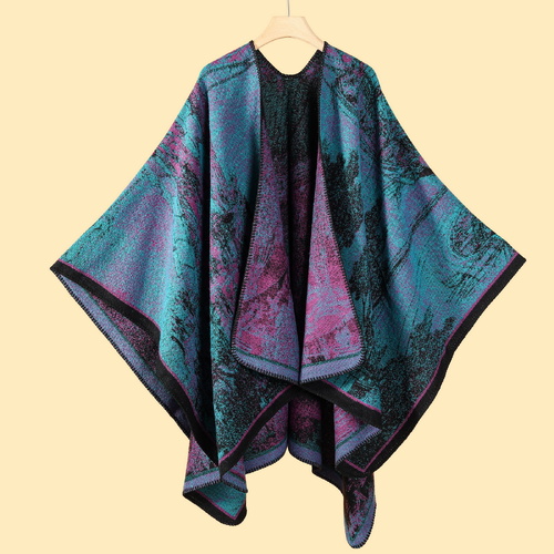 Jiangnan Waterfront - Purplish Blue Elegant Autumn Winter Shawl - Artistic Split-Design Knit Cloak with Oil Painting Style - Main Image