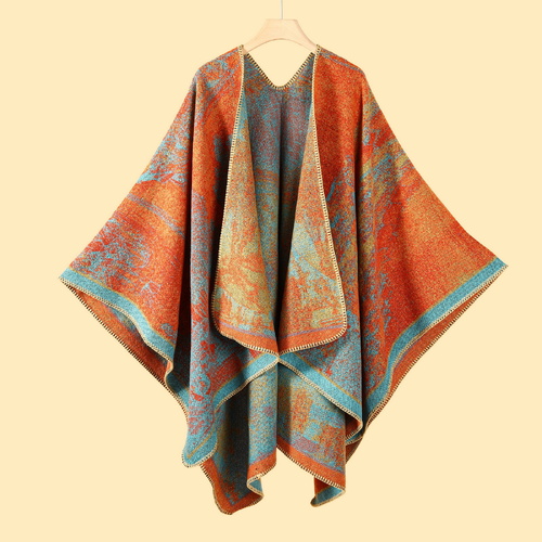 Jiangnan Waterfront - Orange Blue Elegant Autumn Winter Shawl - Artistic Split-Design Knit Cloak with Oil Painting Style - Main Image