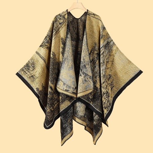Jiangnan Waterfront - Yellowish Brown Elegant Autumn Winter Shawl - Artistic Split-Design Knit Cloak with Oil Painting Style - Main Image