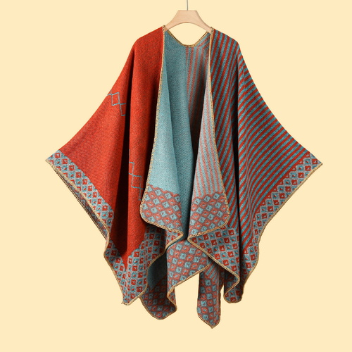 New Stripe Fish Scale Orange Elegant Autumn Winter Shawl - Artistic Split-Design Knit Cloak with Oil Painting Style - Main Image