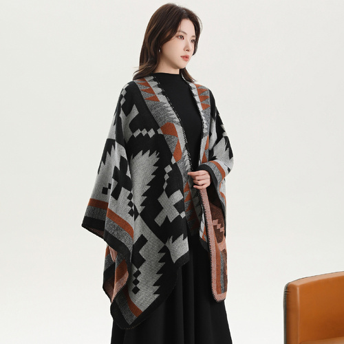 Windy Cross Black and White Elegant Autumn Winter Shawl - Artistic Split-Design Knit Cloak with Oil Painting Style - Main Image