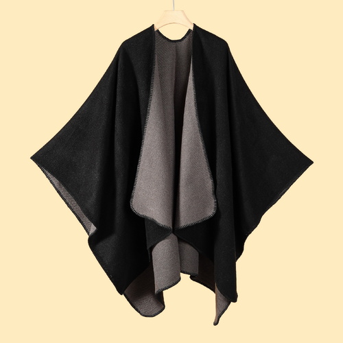 Double-sided Black Elegant Autumn Winter Shawl - Artistic Split-Design Knit Cloak with Oil Painting Style - Main Image