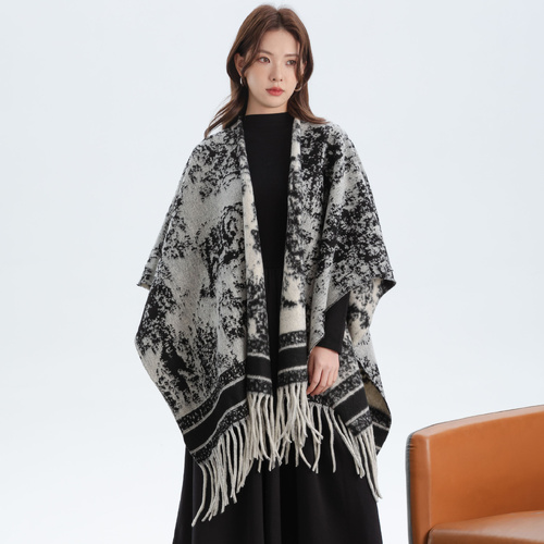 India-ink Painting Elegant Autumn Winter Shawl - Artistic Split-Design Knit Cloak with Oil Painting Style - Main Image