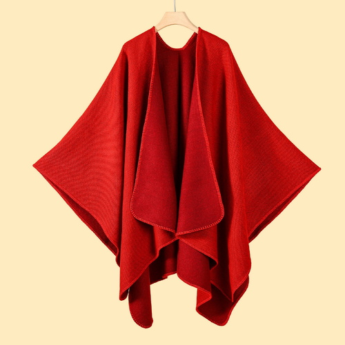 Red Elegant Autumn Winter Shawl - Artistic Split-Design Knit Cloak with Oil Painting Style - Main Image