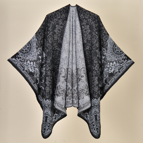 Palace Classical-Black Elegant Autumn Winter Shawl - Artistic Split-Design Knit Cloak with Oil Painting Style - Main Image