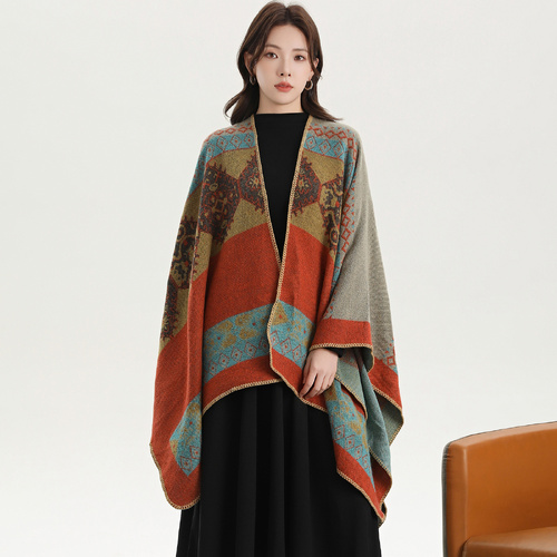 Totem Diamond Orange Elegant Autumn Winter Shawl - Artistic Split-Design Knit Cloak with Oil Painting Style - Main Image