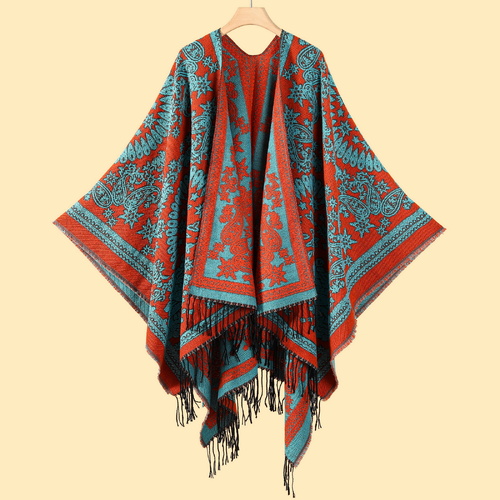 Fringed Cashew Totem Orange Elegant Autumn Winter Shawl - Artistic Split-Design Knit Cloak with Oil Painting Style - Main Image
