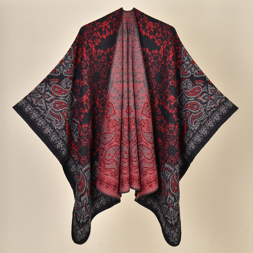Cashew Crush - Black Red Elegant Autumn Winter Shawl - Artistic Split-Design Knit Cloak with Oil Painting Style - Main Image