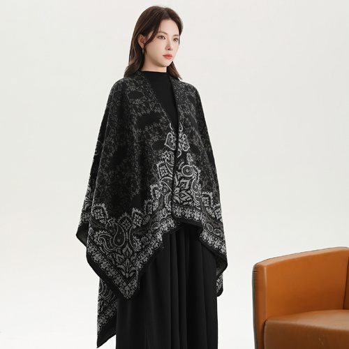 Cashew Crush - Black Elegant Autumn Winter Shawl - Artistic Split-Design Knit Cloak with Oil Painting Style - Main Image