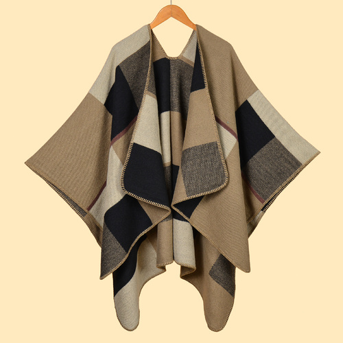 Large and small square khaki Elegant Autumn Winter Shawl - Artistic Split-Design Knit Cloak with Oil Painting Style - Main Image