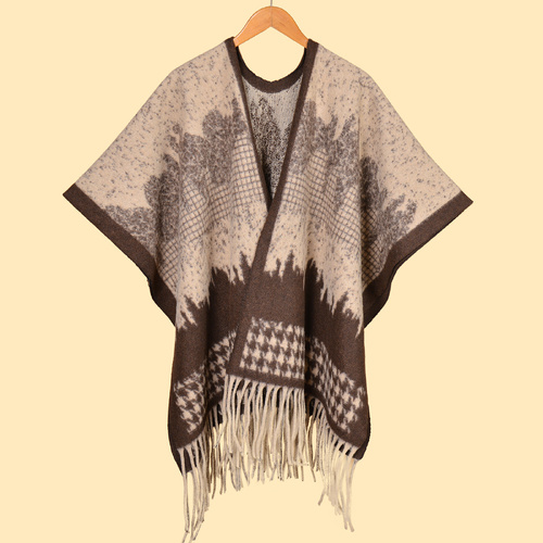 Far Hills Chidori Coffee Elegant Autumn Winter Shawl - Artistic Split-Design Knit Cloak with Oil Painting Style - Main Image