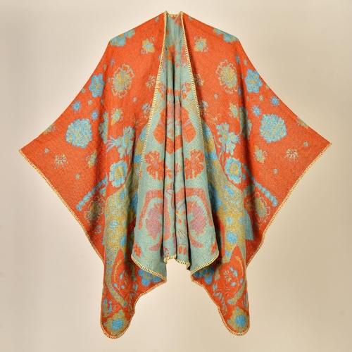 Horse Treading Orange Elegant Autumn Winter Shawl - Artistic Split-Design Knit Cloak with Oil Painting Style - Main Image