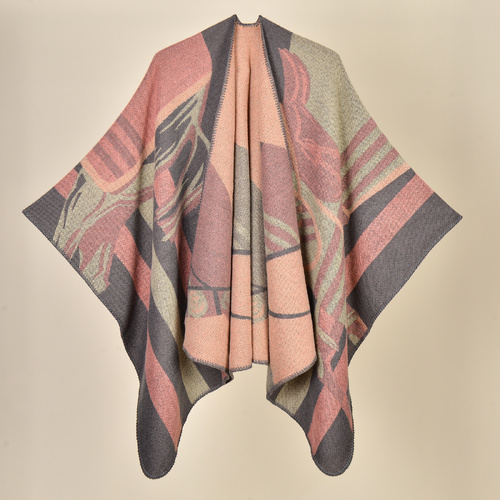 Dumas Pink Elegant Autumn Winter Shawl - Artistic Split-Design Knit Cloak with Oil Painting Style - Main Image