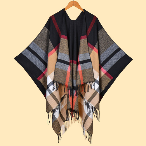 Palace Classical- Black and Red Elegant Autumn Winter Shawl - Artistic Split-Design Knit Cloak with Oil Painting Style - Main Image
