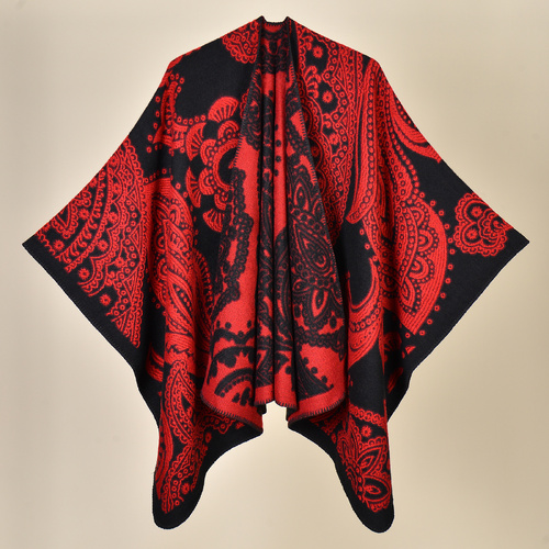 Cubic Cashew Black and Red Elegant Autumn Winter Shawl - Artistic Split-Design Knit Cloak with Oil Painting Style - Main Image