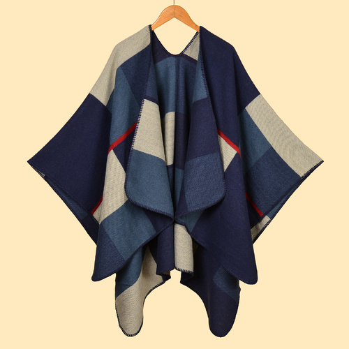 Large and Small Square Navy Blue Elegant Autumn Winter Shawl - Artistic Split-Design Knit Cloak with Oil Painting Style - Main Image