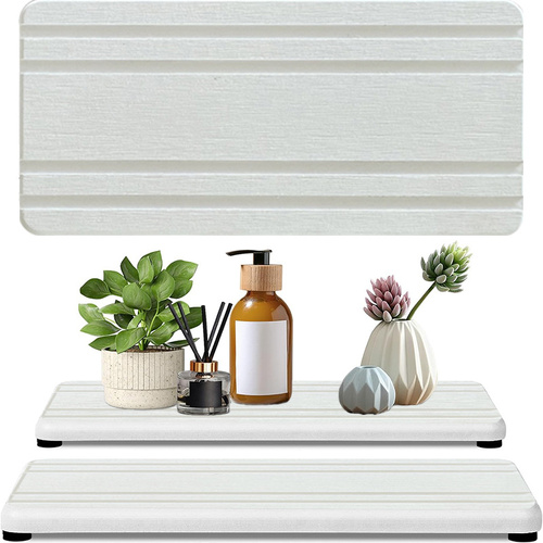 Upper And Lower Slots White 2-Piece Rectangular Diatomaceous Earth Coaster Set - Absorbent Grooved Mat for Sink and Bathroom - Main Image