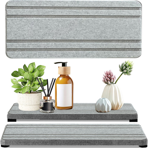 Upper And Lower Slots Medium Grey 2-Piece Rectangular Diatomaceous Earth Coaster Set - Absorbent Grooved Mat for Sink and Bathroom - Main Image