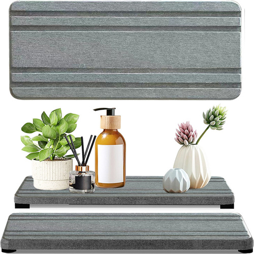 Upper And Lower Slots Dark Grey 2-Piece Rectangular Diatomaceous Earth Coaster Set - Absorbent Grooved Mat for Sink and Bathroom - Main Image