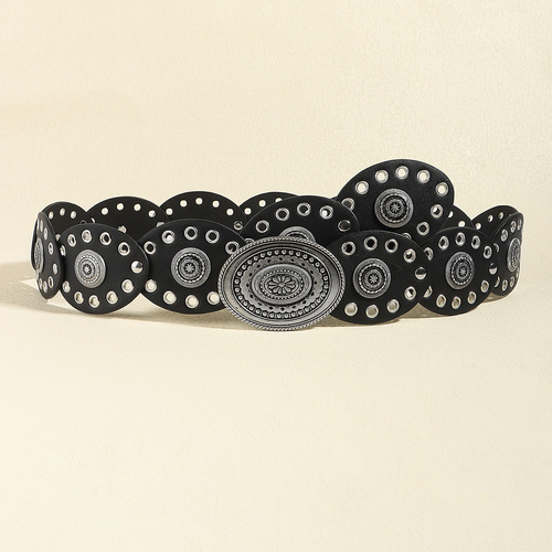 Black Vintage Western Post-Apocalyptic Women’s Waist Belt with Eyelet Oval Carvings - Main Image