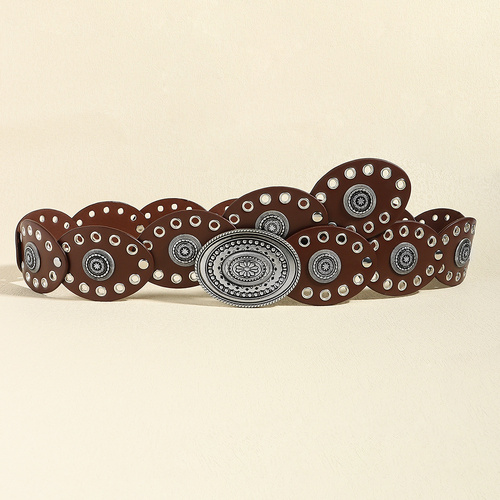 Red Brown Vintage Western Post-Apocalyptic Women's Waist Belt with Eyelet Oval Carvings - Main Image