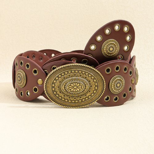 Bronze Reddish Brown Vintage Western Post-Apocalyptic Women's Waist Belt with Eyelet Oval Carvings - Main Image