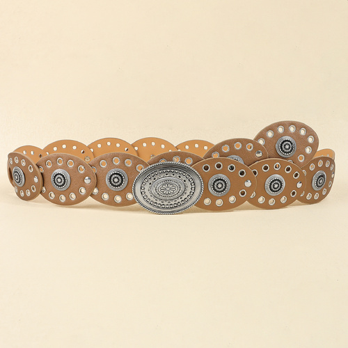 Antique Silver Champagne Vintage Western Post-Apocalyptic Women's Waist Belt with Eyelet Oval Carvings - Main Image